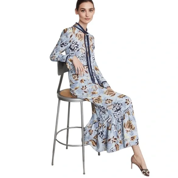 NWT BCBGMaxAzria Ashley Blue Liberty Floral Print TieNeck Long Sleeve Maxi Dress - Picture 3 of 16